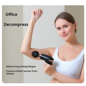A Woman Using A Pink Massage Gun Deep Tissue Massager On Her Shoulder After A Workout.