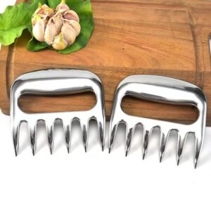 Pair of heavy-duty stainless steel meat shredding claws with black handles
