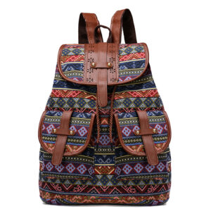 Diamond pattern bohemian style canvas backpack with brown leather straps