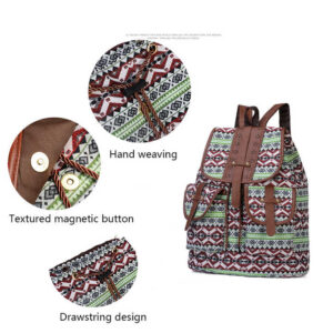 Dual Front Pockets On Diamond Pattern Bohemian Style Canvas Backpack