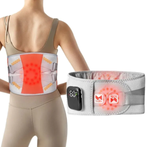 Grey and orange wireless heated waist massager worn around waist