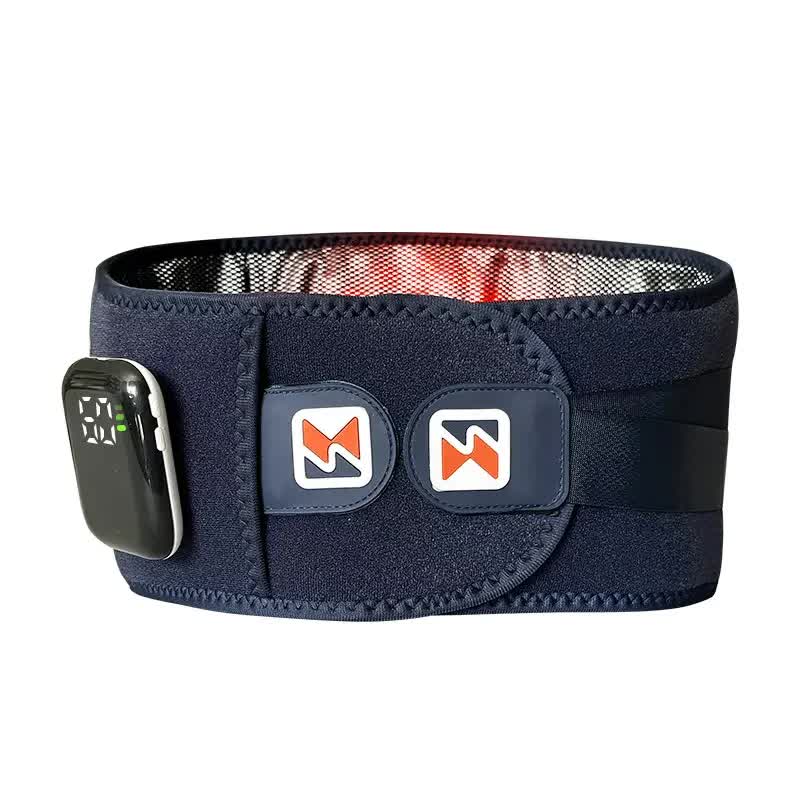 Wireless Heated Waist Massager With Lumbar Support Blue – Great Shop A Person Wearing The Wireless Heated Waist Massager With Lumbar Support Blue Around Their Lower Back While Sitting At An Office Desk.