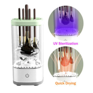 White electric makeup brush cleaner and dryer machine on a vanity setup