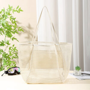 Two casual mesh tote bag shoulder carriers side by side on clean white studio background