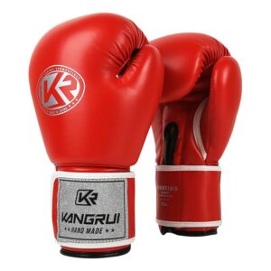 Pair of red and silver durable 10oz pu leather boxing gloves standing upright on white background