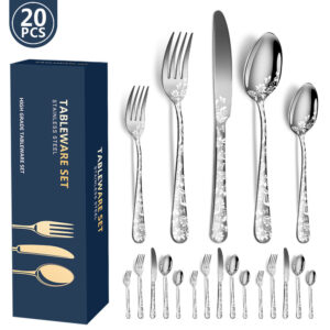 20-Piece Floral Stainless Steel Cutlery Set arranged flat on a modern linen tablecloth.