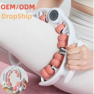 Consumer Using The Green 360-Degree Clamp Leg Roller Massager On Their Calf Muscle