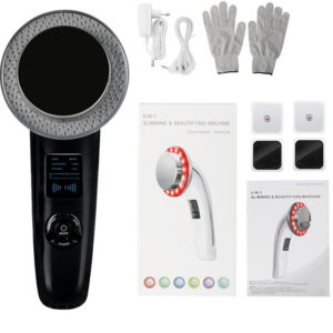 6-in-1 Ultrasonic and Beautifying RF Device shown with electrode gloves, lead wires, and pads.