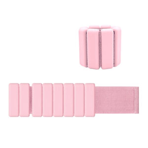 Pink adjustable silicone wrist and ankle weights pair displayed on a clean white background.