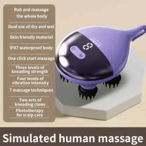 Intelligent 3D Electric Head Scalp Massager Waterproof Purple standing on its charging base
