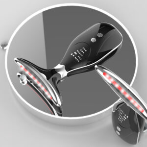 Black Multi Function Facial Neck Massager LED Light Therapy standing upright against a modern vanity backdrop