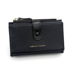 Black compact bifold wallet with gold hardware closure tab