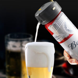 Portable Ultrasonic Beer Foam Maker clipped onto a beer can pouring a creamy head into a glass
