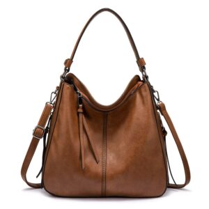 Brown fashion large capacity handbag in smooth PU leather with top handles and a removable shoulder strap.