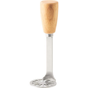 Standable stainless steel potato masher 2-pack with wooden handles standing upright on a wooden cutting board.