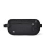 Black Rfid Blocking Slim Anti-Theft Fanny Pack Laid Flat Showing Its Dual Zipper Design And Elastic Waistband.