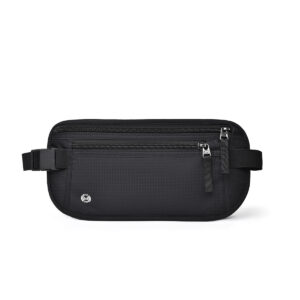 Black RFID blocking slim anti-theft fanny pack laid flat showing its dual zipper design and elastic waistband.