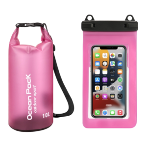Pink 10L PVC Waterproof Swimming Bag rolled closed with shoulder strap attached
