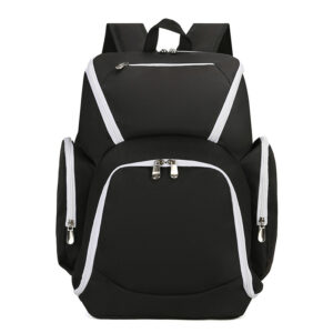 Large capacity oxford cloth basketball backpack in black and white displayed upright showing its sleek sports silhouette.