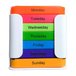 7-day weekly pill organiser inside a secure protective white outer casing