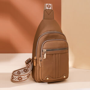 Women's soft PU leather crossbody sling bag in khaki with boho strap