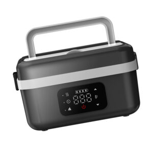 Sleek Black Cordless Heated Lunch Box On An Office Desk Next To A Laptop