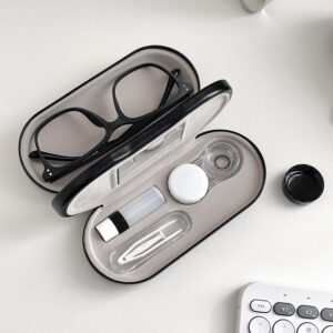 Open View Of The Double Layer Leather Glasses Case Showing Glasses Partition And Contact Kit Slots