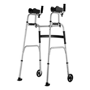 2 in 1 folding walker removable armrests wheeled mobility aid set up in an open indoor living room space.