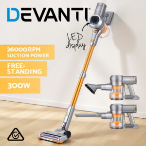 Devanti 300W cordless handstick vacuum cleaner in metallic gold standing upright