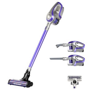 Purple and grey Devanti stick vacuum cleaner roller brush cordless 150W purple standing upright in a modern home