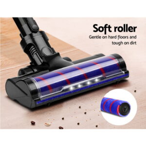 Close-Up Of The Motorized Head With Illuminated Led Lights On A Devanti Purple Stick Vacuum Cleaner