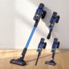 Devanti Stick Vacuum Cleaner Brushless Cordless 350W Blue Standing Upright Against A Wall
