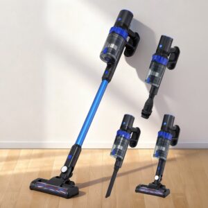 Devanti stick vacuum cleaner brushless cordless 350W blue standing upright against a wall
