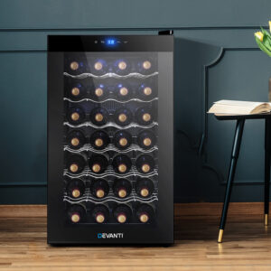 Black Devanti 28 bottle wine fridge thermoelectric cooler standing upright filled with wine bottles