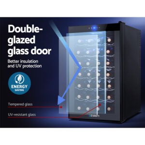 Pull-Out Chrome Racks Inside A Devanti Wine Fridge Holding Bottles Neatly Arranged