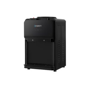 Devanti Black Bench Top Water Cooler Dispenser front view on counter