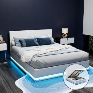 Artiss Queen Size LED Gas Lift Bed Frame in white with glowing headboard