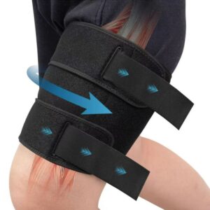 Runner wearing the Adjustable Hamstring Support Wrap on their left leg during an outdoor sprint