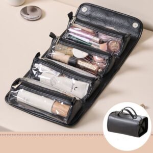 4-in-1 Travel Makeup Bag in pink rolled up neatly showing compact travel design