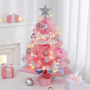 With LED String Light, Christmas Tree with Silver Star Topper, Tabletop Xmas Tree Ribbon Bow, Gift P product image