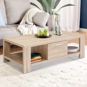 Artiss Oak Maxi Coffee Table with drawer open showcasing living room storage.